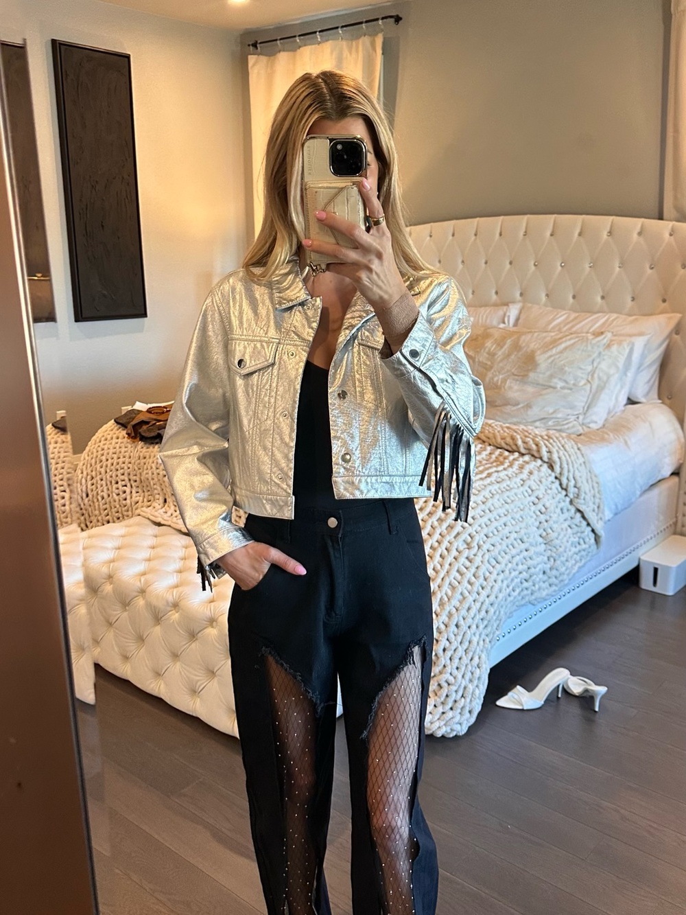 Jules Kae Talia Fringe Silver Metallic Fringe Cropped Jacket - Picture 5 of 8